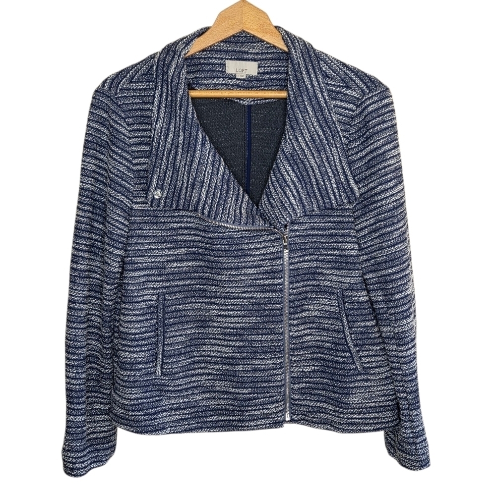 Loft | Tweed Knit Moto Jacket Navy Blue White Asymmetrical Zip Size Large